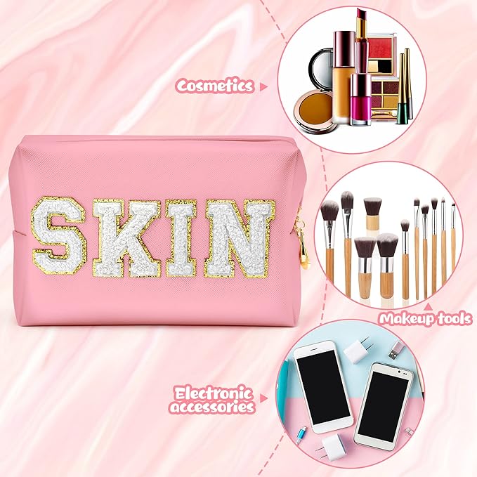 Y1tvei Preppy Patch SKIN White Letter Pink Cosmetic Toiletry Bag PU Leather Portable Makeup Bag Daily Use Storage Pouch Toiletry Purse Waterproof Organizer for Travel Varsity Women Girls Teens(Pink)