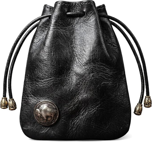 PU Drawstring Coin Purse, Vintage Faux Leather Pouch with Antique Brass Clasp, Portable Drawstring Coin Bag for Coins/Cash/Small Essentials(Black)