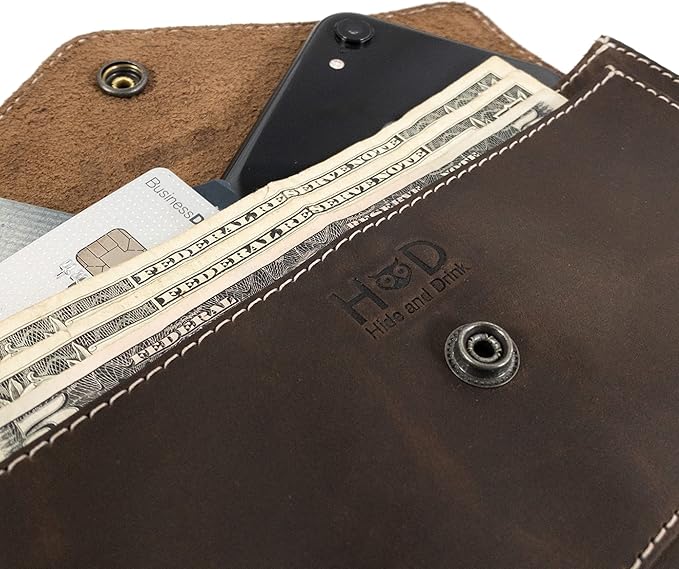 Hide & Drink, Full Grain Leather Large Female Wallet, Travel Organizer for Women, Vintage Money and Card Holder, Handmade, Bourbon Brown/White Stitching