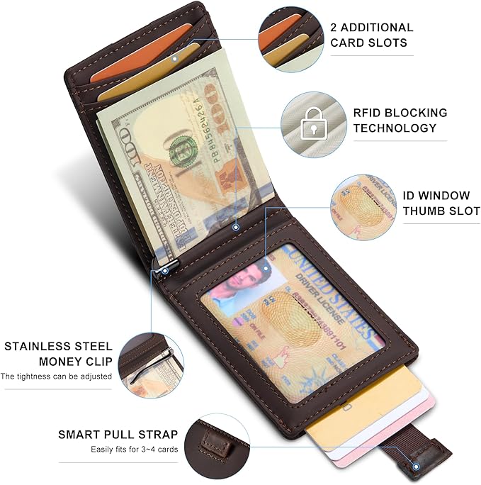 Slim Wallet for Men RFID Blocking, Genuine Leather Card Holder Minimalist Bifold, Front Pocket Wallets for Men with Money Clip Small Thin