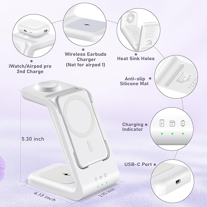 3 in 1 Wireless Charging Station: 5000mAh Removable Power Bank Charger Stand for Phone/Watch/Air Pods - Portable Magnetic Battery Pack for Air 17 16 15 14 13 12 Series White