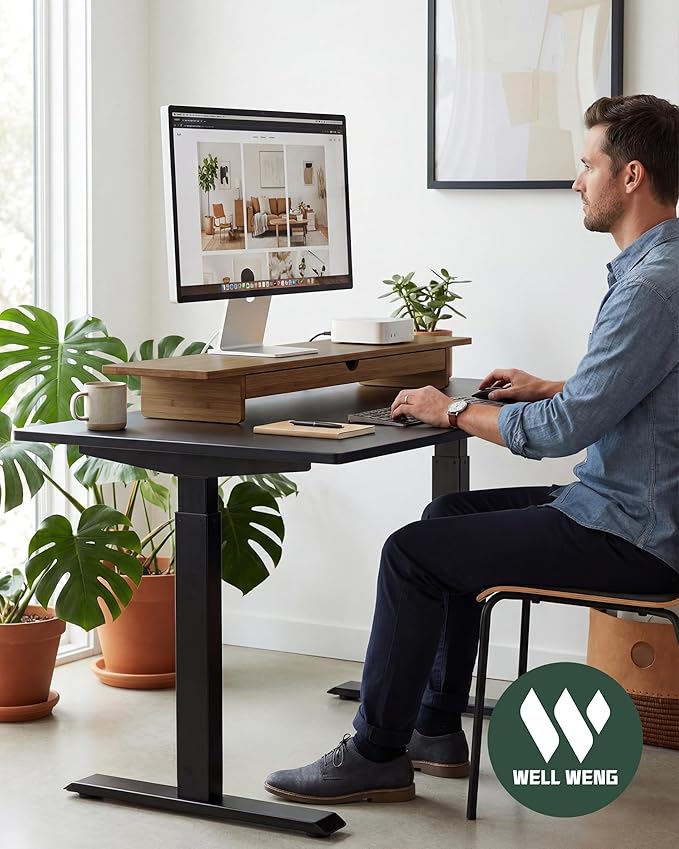 Bamboo Monitor Stand with Large Storage Drawer, 42 Inch Ergonomic Computer Riser for Desk, Screen Shelf with 7 Compartments for Keyboard & Stationery Organization, Dark Bamboo