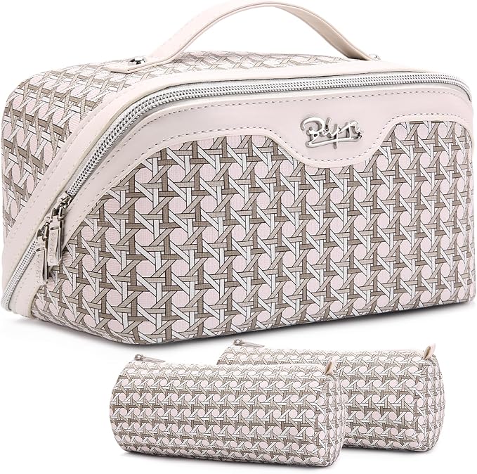BOYATU Travel Makeup Bag Cosmetic Bags for Women: Large Capacity 3 Pcs Set Make up Bag with Compartments - Waterproof Vegan Leather Toiletry Organizer Bags with Handle (M-80Off-white)