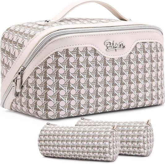 BOYATU Travel Makeup Bag Cosmetic Bags for Women: Large Capacity 3 Pcs Set Make up Bag with Compartments - Waterproof Vegan Leather Toiletry Organizer Bags with Handle (M-80Off-white)