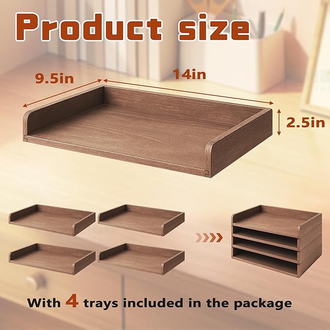PROLEE Wooden Paper Tray Organizer for Desk,Stackable Paper Holder and Letter Tray,4-Tier Desktop File Storage Rack for Study,Home and Office(Walnut,14" x 9.5" x 2.5")