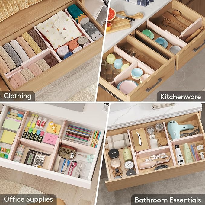 Lifewit 24 Pack Drawer Dividers 4" High 28-43.5cm/11-17" Adjustable Drawer Organizer for Clothes/Utensils, Expandable Drawer Separator in Dresser/Kitchen/Bedroom/Office Organization & Storage Pink