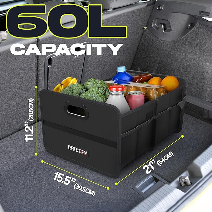 FORTEM Car Trunk Organizer, Collapsible Two Compartment Organizer, Foldable SUV & Truck Storage for Car Accessories for Women Men, Non Slip Bottom, Sturdy Side Walls, Strong Handles, 60L