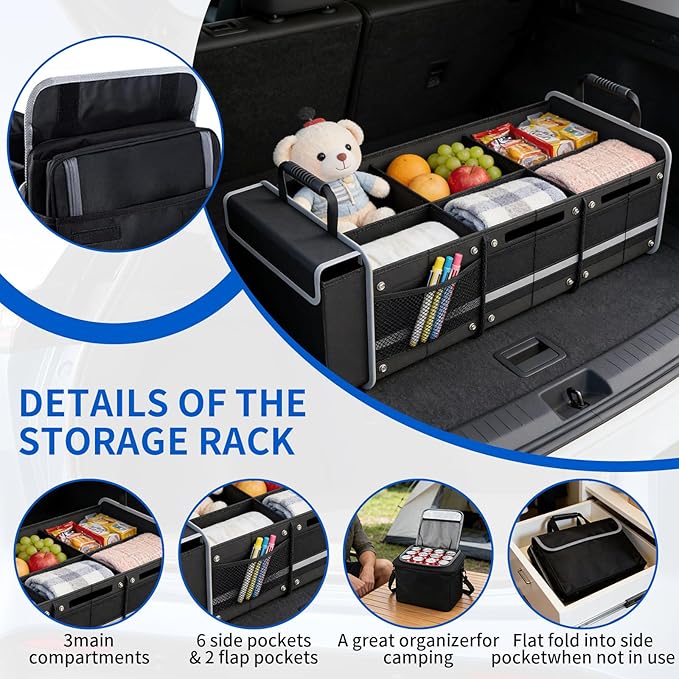 Collapsible Trunk Organizer for Car with Insulated Leakproof Cooler Bag, 3 Compartments SUV Cargo Organizer w/Removable Dividers, 5-in-1 Storage w/Foldable Lid & 2 Tie-Down Straps (Black)