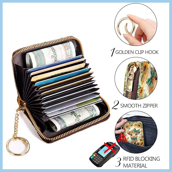 Blusabaca Wristlet Credit Card Holder for Women, Highland Cow Cattle Small RFID Blocking Wallet with Strap, Zipper Keychain Leather Card Case, Accordion Card Wallet Purse with Key Lanyard