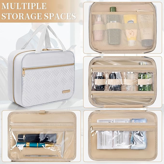 Travel Toiletry Bag for Women & Men Water Resistant Makeup Bag with Hanging Hook Portable Travel Organizer for Travel Accessories, Travel-Sized Shampoo, Toiletries (Large-White)