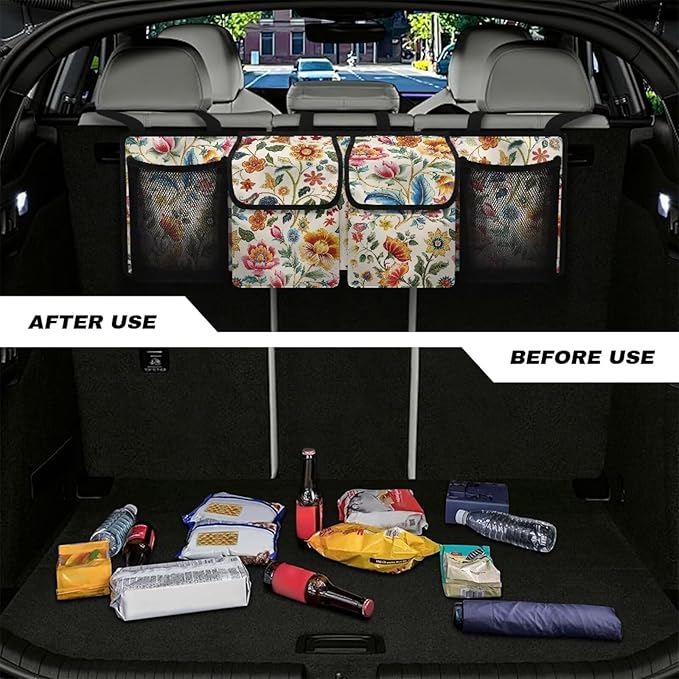 Flower Printing Car Trunk Organizer with 4 Storage Bag Hanging Car Organizer Storage Bag with Lids Collapsible Cargo Bag Free Your Trunk Floor Space