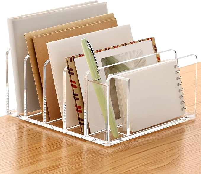 SANRUI Acrylic Mail Sorter Desktop Organizer with Pen Holder, 5 Compartments Clear Small File Script Letter Document Storage for Desk Bill Filling Envelope Holder Office, Home, School Organization