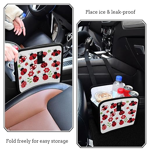 Ladybugs Red Scarab Flower Car Trash Can Foldable Hanging Car Trash Bag Bin Auto Garbage Can Leak-Proof Car Organizer(Large)