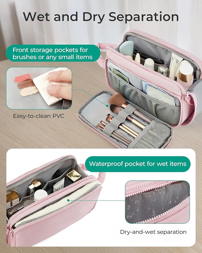 BAGSMART Travel Makeup Bag Organizer, Puffy Make Up Bag, Cosmetic Organizer Case for Travel Essentials Toiletries Accessories Bottles, Brushes (Pink)