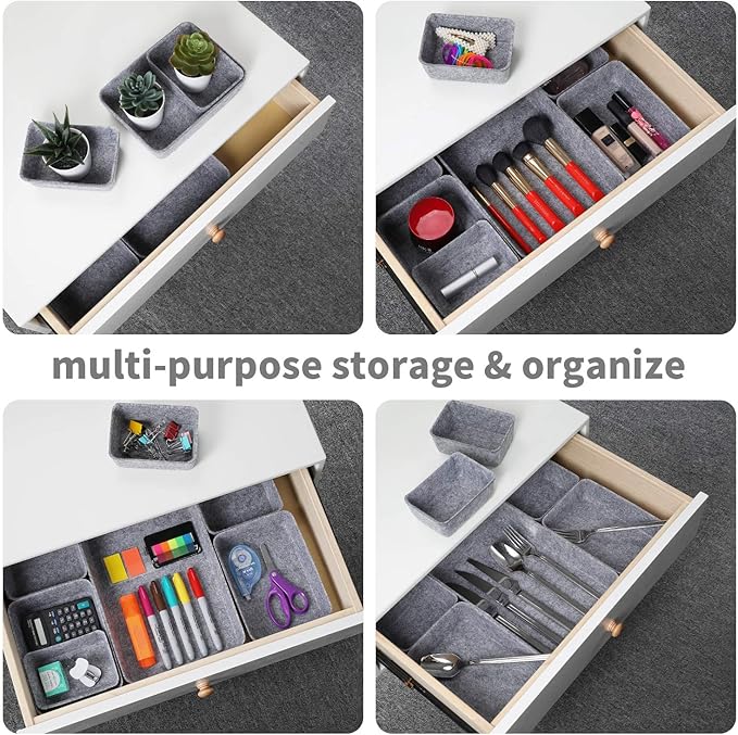 Welaxy Office drawer organizers trays felt storage bin organize dividers Box Dorm Home for stationery craft junk sorting 7-piece sleek minimalist lifestyle (gray)
