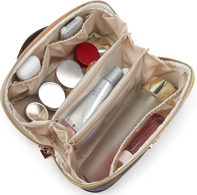 YTL Travel Makeup Bag, Large Capacity Cosmetic Bag for Women, Waterproof PU Leather, Flat Open Portable Toiletry Bag for Skincare, Brushes & Travel Essentials