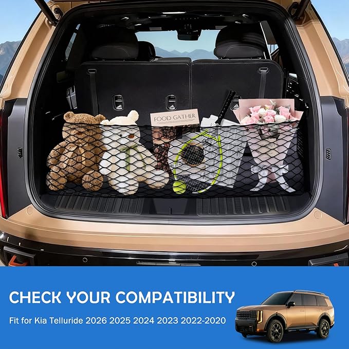 Envelope Style Cargo Net for Kia Telluride 2022-2024 2025 2026 Accessories, Trunk SUV Mesh Cargo Net, Upgraded 5mm Bungee & Double-Layer Nylon Storage Tailgate Netting Grocery&Tools Holder Organizer
