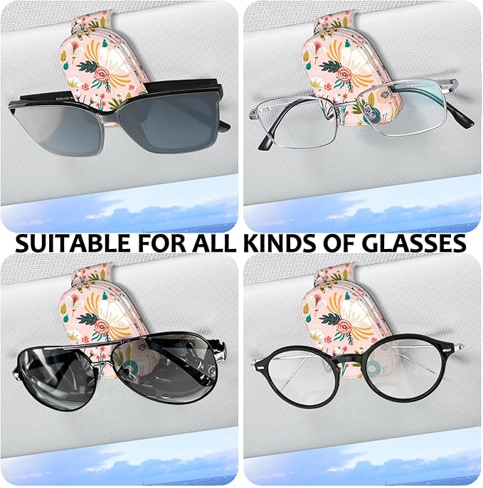 2 Pack Sunglass Holder for Car Visor, Universal Magnetic Car Sunglass Holder for Different Size Eyeglasses, Car Visor Accessories (Flower-Pink)