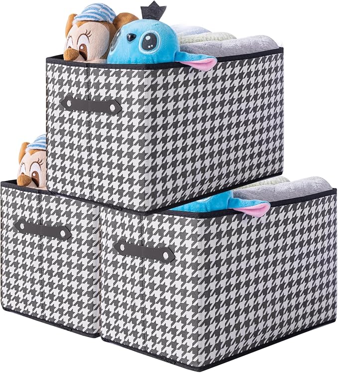 3 Pack Large Collapsible Storage Baskets for Shelves,14.9"x9.5" Fabric Closet storage Boxes with Leather Handles,Decorative Organizers Storage Bins for Clothes,Sheets,Toys,Books,(Houndstooth