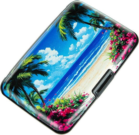 Credit Card Holder for Women Men RFID Blocking Wallet Small Business Metal Slim Mini Aluminum Hard Case (Tropical Beach Palm Trees)