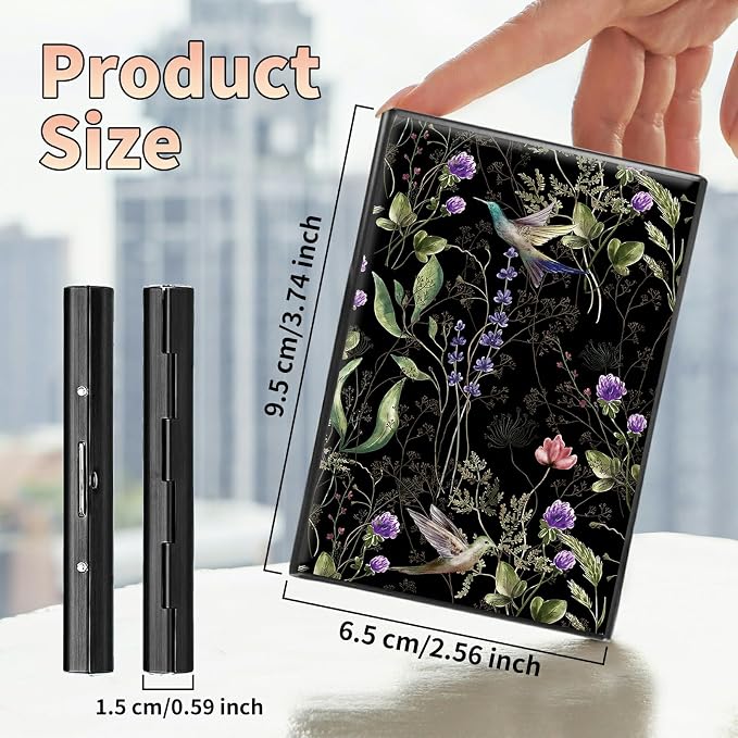 Slim Credit Card Holder, Wild Flower Hummingbird RFID Blocking Metal Wallet for Men & Women, Aluminum Minimalist Hard Case Pocket-Sized Business Cards Organizer (Fits Up to 10 Cards)