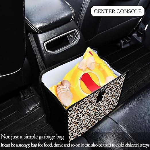 Leopard Car Trash Can Animal Cheetah Print Foldable Hanging Car Trash Bag Bin Auto Garbage Can Leak-Proof Car Organizer(Large)