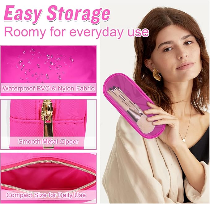 Nylon Small Clear Makeup Bag Slim Pencil Pouch, Cute Pencil Case Makeup Bag Preppy Cosmetic Zipper Pouch for Purse,Travel PVC Toiletry Bag Clutch Coin Pouch Makeup Organizer for Women Girls(Hot Pink)