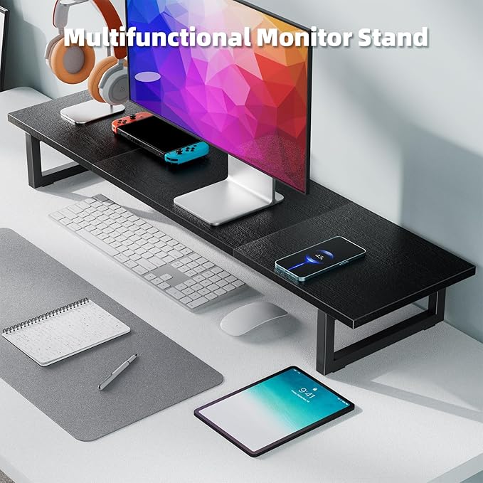 Simple Trending Desk Organizers and Accessories, Dual Monitor Stand Riser, Desk Shelf Wood Computer Rack for 2 Monitors, Black