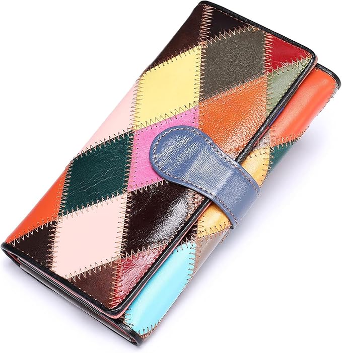 MASIWEI Genuine Leather Patchwork Wallet for Women Multicolor Trifold Wallets Ladies Card Holder Money Organizer with Coin Purse
