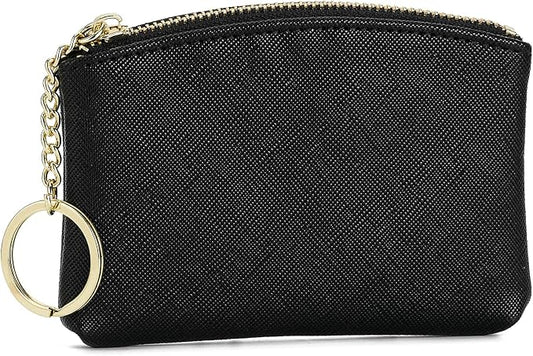 WOZEAH Artificial Leather Coin Purse Change Purse With Key Chain Ring Zipper For Men Women (Black)