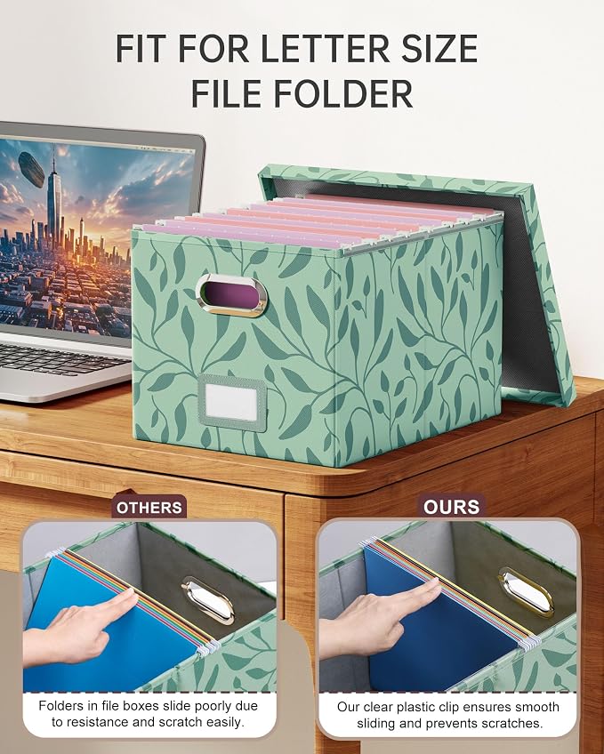 Oterri 2 Pack File Storage Organizer, Document Organizer, Portable File Box with Lid, Fit for Letter/Legal File Folder Storage,Leaf Green-Box only