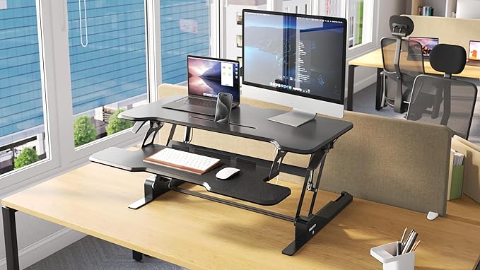 Mount-It! 38 Inch Standing Desk Converter - Gas Spring Sit Stand Desk Riser for Dual Monitors - Height Adjustable Desktop Workstation with Keyboard Tray - Black