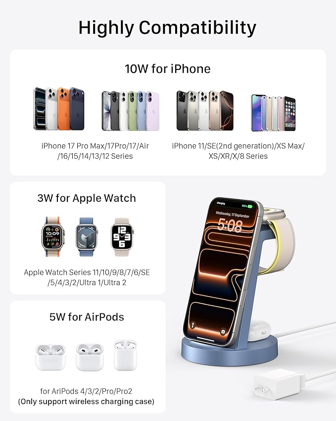 Anlzm 3 in 1 Charging Station for iPhone, Wireless Charger for iPhone 17 16e 16 15 14 13 12 11 X Pro Max & Apple Watch - Charging Stand Dock for AirPods (Blue)