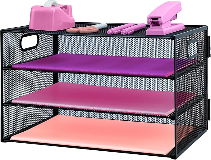 3 Tier Lettrer Tray Organizer, Metal Mesh Desk File Organizer with Sliding Trays, Paper Sorter Desk Organizer for Home Office School, Black