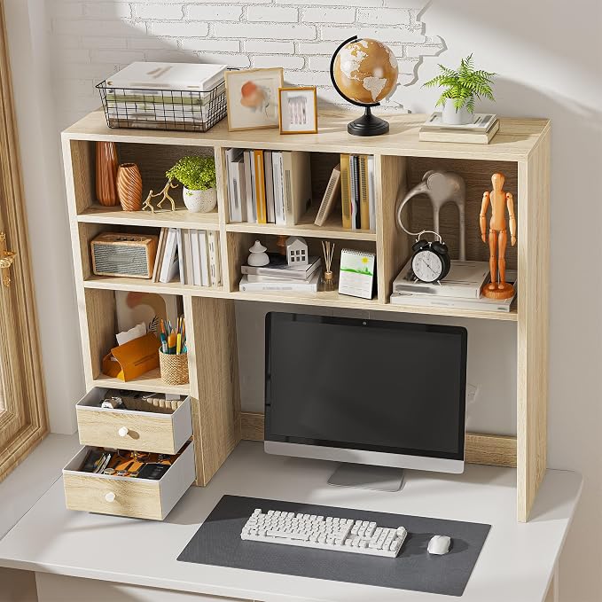 REIBII Desktop Bookshelf, High-Capacity Desk Hutch Organizer with 7 Shelves and 2 Drawers, Adjustable Bookshelf Storage, Desk Shelf for Top of Desk, Desk Hutch Dorm, Natural