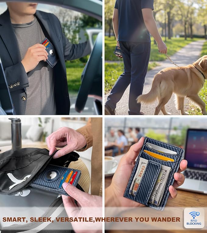 BULLIANT Men Airtag Wallet,Slim Wallet Money Clip Card Holder Magnetic Closure 12 Cards in Front Pocket RFID Blocking