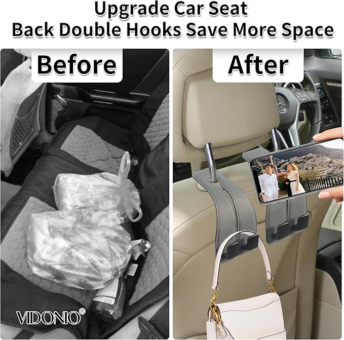 vidonio 2 Pack Double Car Seat Hooks for Headrest, Rotatable Purse Holder for Car, Premium Leather Car Hooks for Purses and Bags, Headrest Hooks and Storage Accessories (Grey)