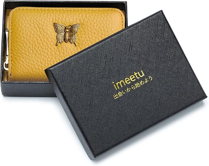imeetu RFID Credit Card Holder for Women Genuine Leather Card Case Wallet with Zipper and Removable Keychain (Yellow)