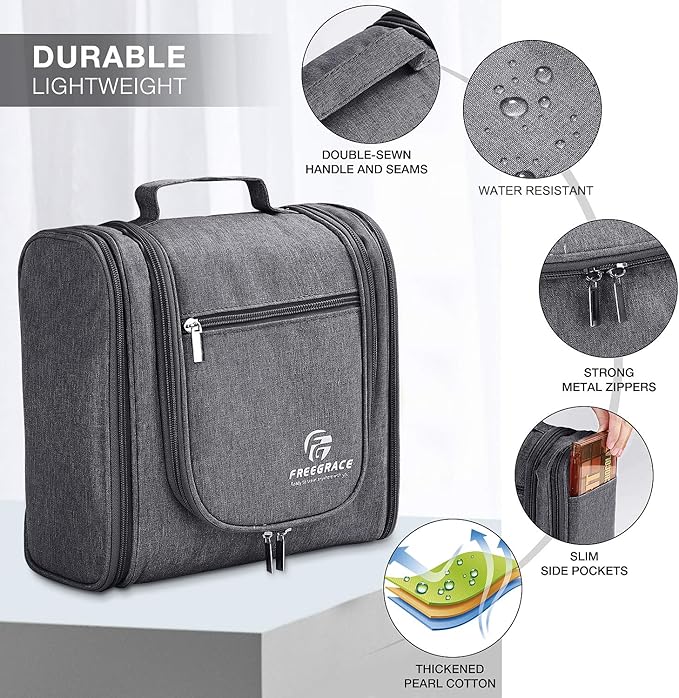 Freegrace Extra Large Hanging Toiletry Bag for Men and Women - Water-Resistant Nylon Travel Bathroom Organizer for Cosmetics, Makeup, and Toiletries