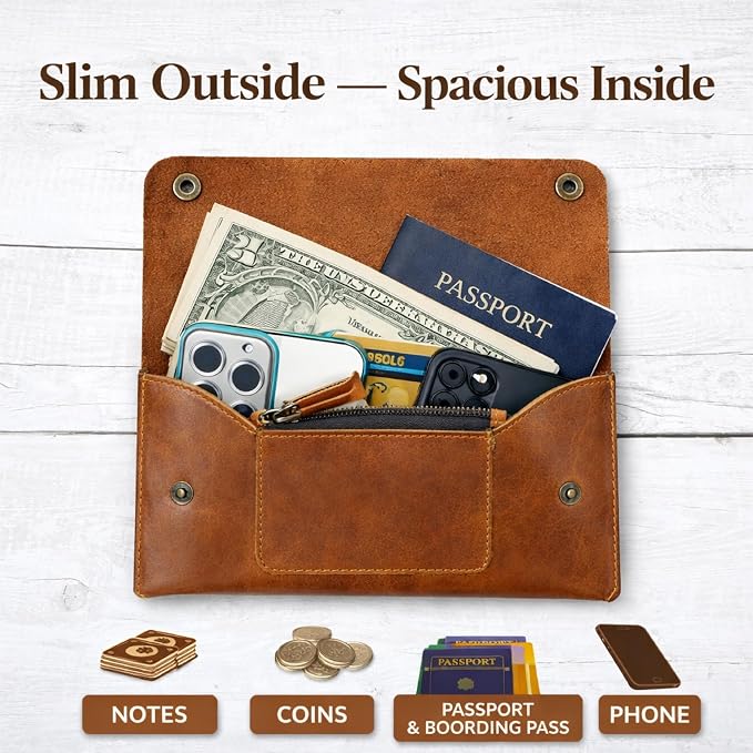 Leather Currency Pouch, Currency Organiser, Dollar Bills Holder, Bills Organizer, Money Envelope with Mobile Pocket, Money Bag For Men & Women (TAN)