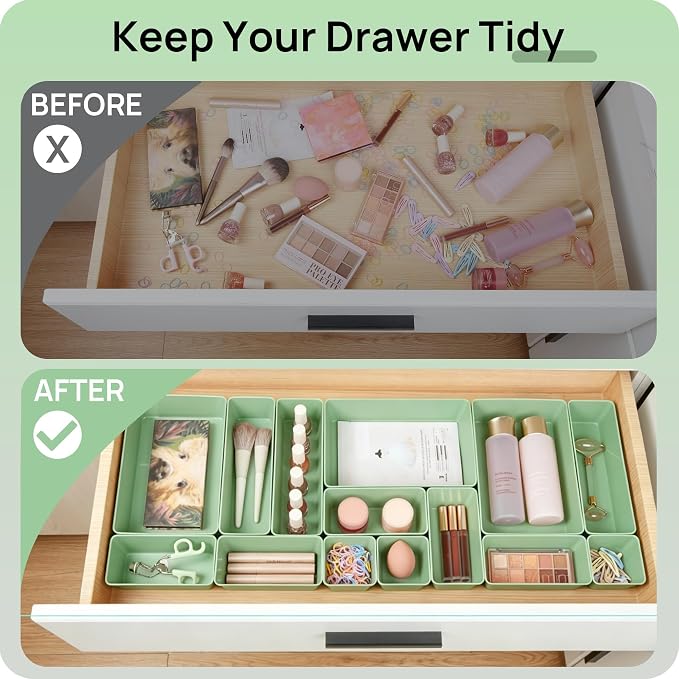 Vtopmart 25 PCS Plastic Drawer Organizers Set, 4-Size Versatile Bathroom and Vanity Drawer Organizer Trays, Storage Bins for Makeup, Bedroom, Kitchen Gadgets Utensils and Office