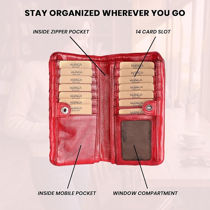 Genuine Leather Wallets for Women, Small Wallet for Ladies Zipper Coin Purse Credit Card Holder with Strap (VL-167-RED)