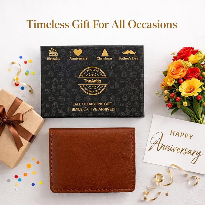 Leather Bifold Card Holder Wallet for Men & Women – Slim Minimalist Front Pocket Credit Card Wallet, Compact Leather Credit Card Case for Travel & Everyday Carry, Gift Box Included- Tan