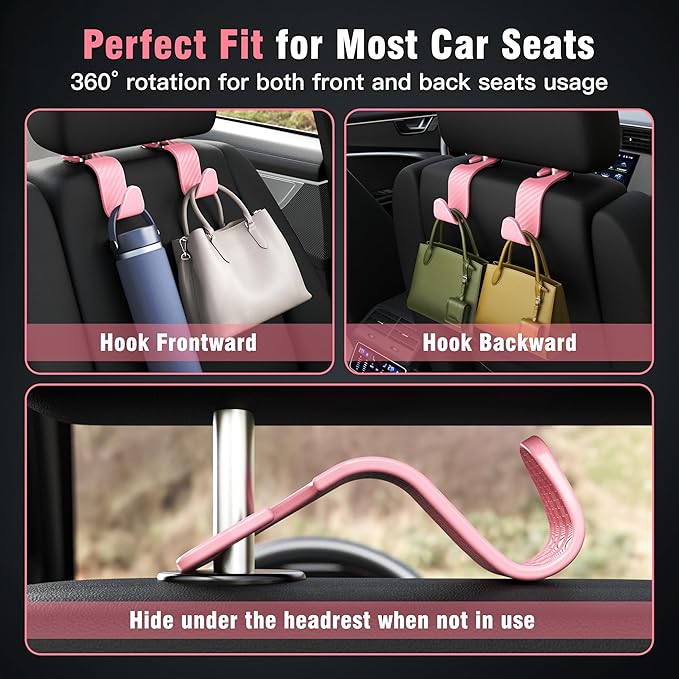 Amooca Car Seat Headrest Hook 4 Pack Hanger Universal Vehicle Car Storage Organizer for Handbag Purse Coat S Type Checkered Pink