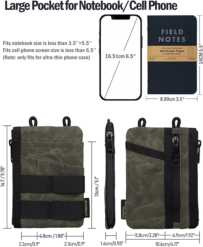 VIPERADE VE16N-OW Waxed Canvas Zipper Wallet, Minimalist with 5 Pockets, 2 Zipper Slim Pocket Multitool Pouch for Everyday Carry (OD Green)