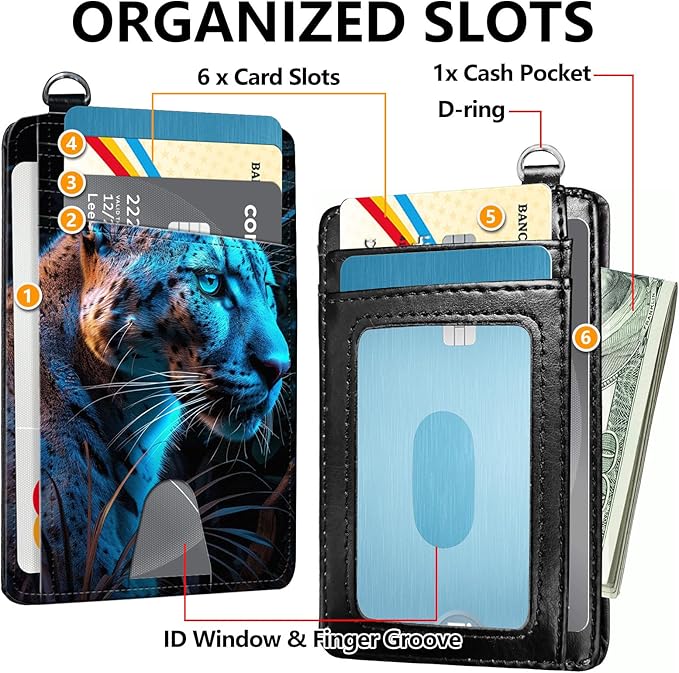 Slim RFID Blocking Card Holder Wallet with Wrist Strap - Minimalist Front Pocket Wallet, Blue leopard Design, PU Leathe, for Men & Women, Ideal for Travel & Gifts