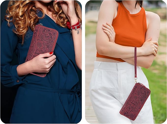 Red Embossed Wallet for Women - Leather RFID Womens Wallet Clutch with 8 Credit Card Holder, Coin Pocket, Gift for Women’s