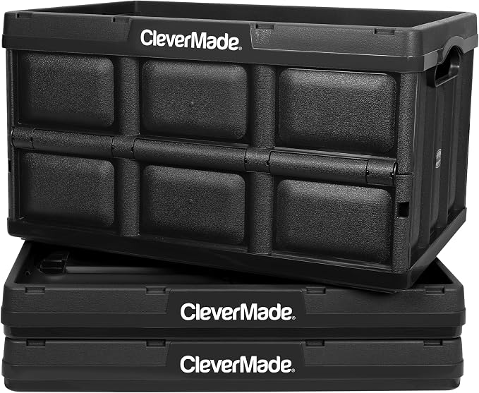 CleverMade Collapsible Storage Bins 62L (3-Pack) – Heavy Duty Collapsible Plastic Storage Bins, Large Stackable Folding Storage Bins for Garage, Car, Grocery & Home Organization - Obsidian