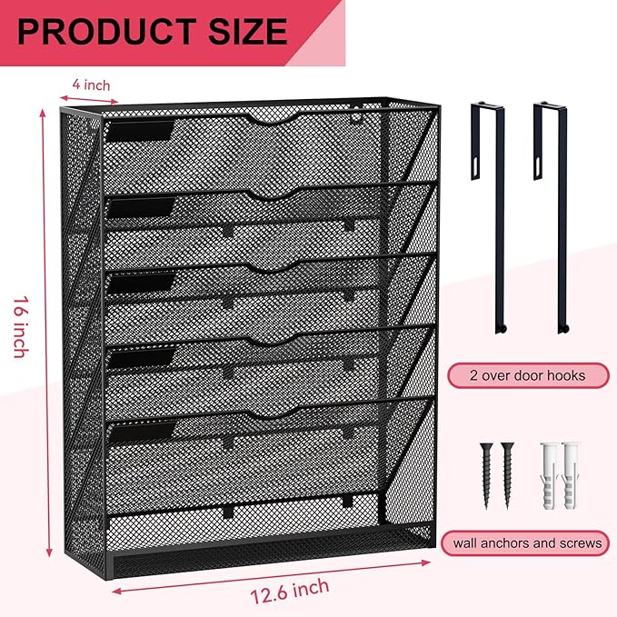 6-Tier Hanging File Organizer Office Cubicle Accessories for Work Organizer Wall Mount File Holder for Mails Folders Papers Magazine Organization, Black