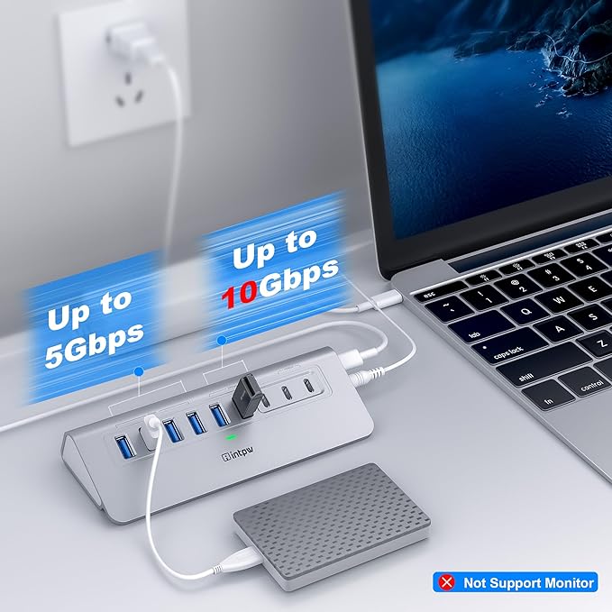 Powered USB Hub 10Gbps, intpw 9-Port USB 3.2 Hub, USB C with USB A/USB 3.2 Hub, 4 USB 3.0, 2 PD 45W Charging Port, 65W Power Adapter and 3.3FT Cable, Aluminum USB Hub for PC/Laptop, iPhone 17/16/15